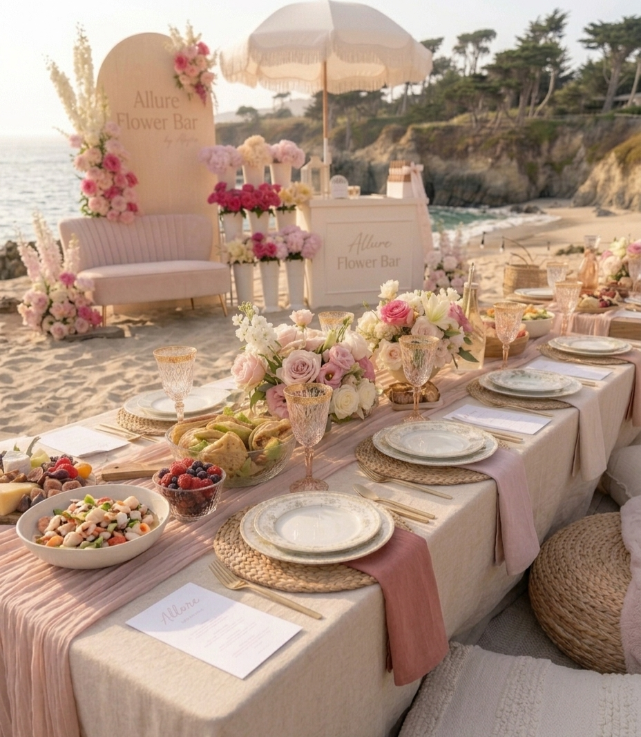 Allure Flower Bar coastal tablescape with styled blooms