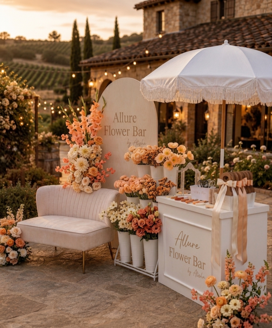 Allure Flower Bar installation - signage, blooms, and styled bar
